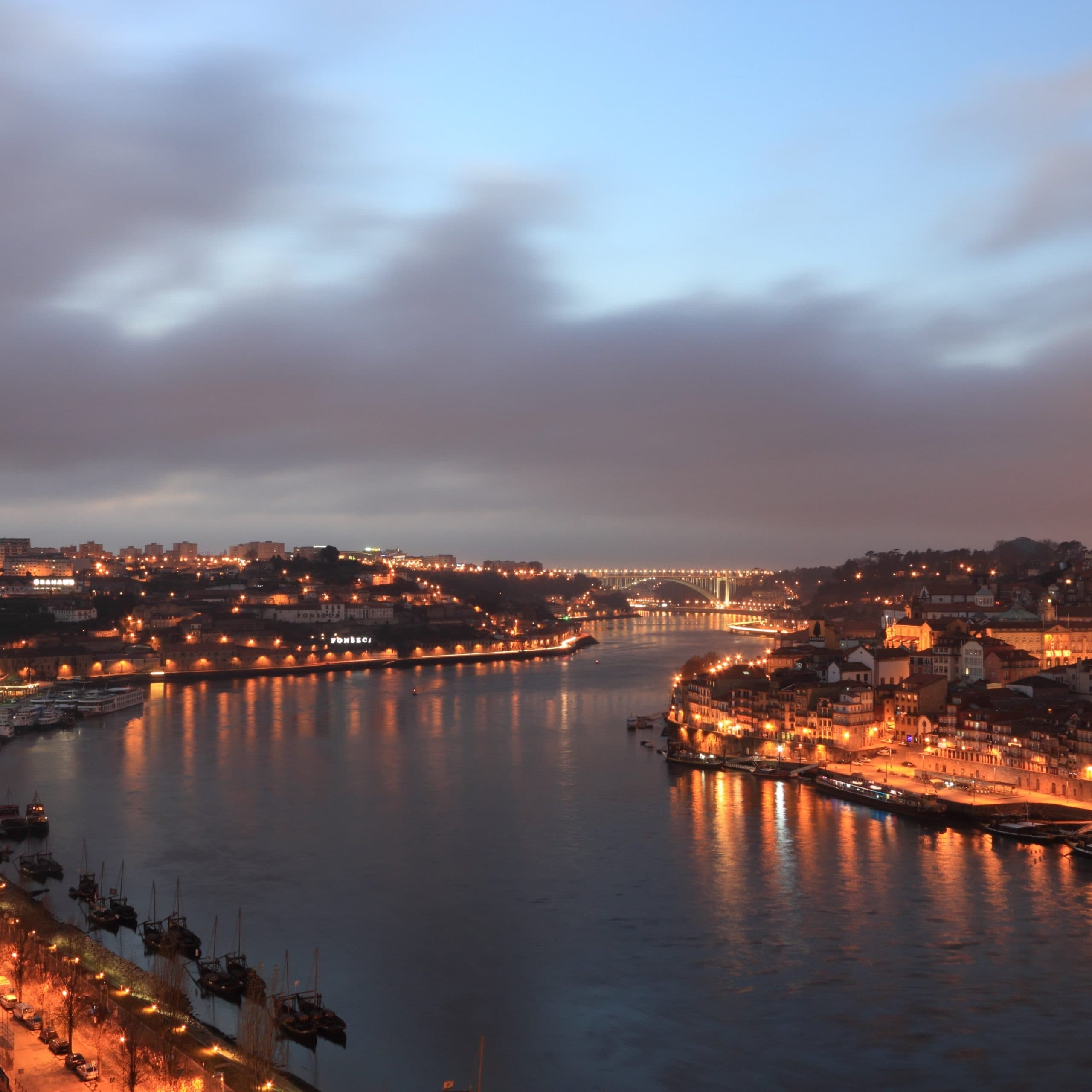 Colorful tiled buildings along the Douro riverfront in Porto, Portugal